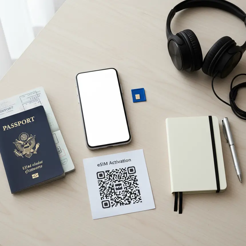 Flat lay of smartphone, SIM card, and eSIM QR code