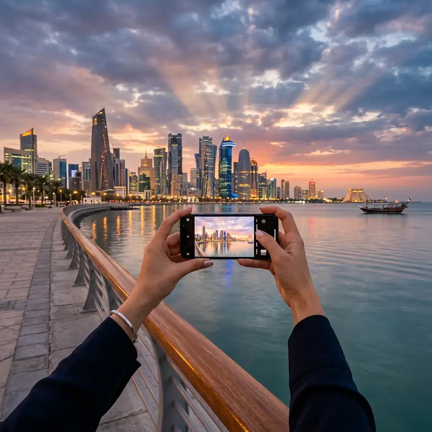 Doha skyline at sunset with person using smartphone